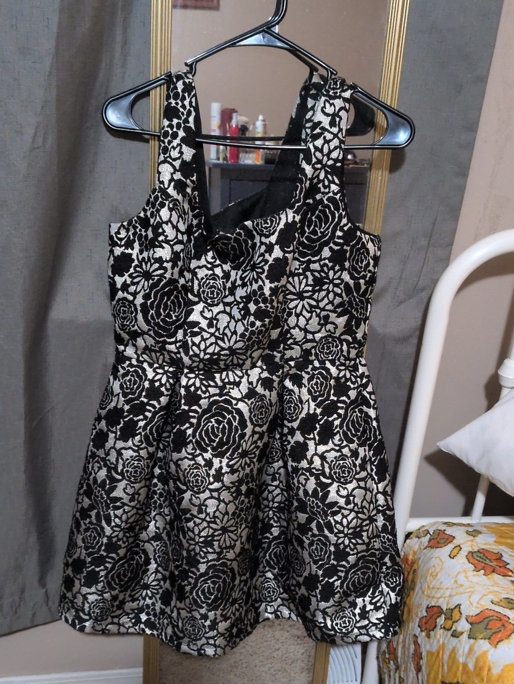 Black and Cream Floral Jacquard Fit-and-Flare Dress